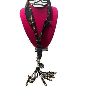 Chicos Bohemian  Tassels Black & Gold Beaded Scarf Necklace NWOT